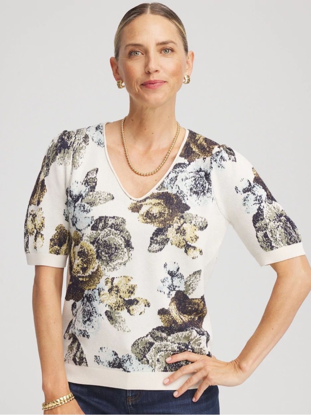 Chico’s Floral V-Neck Sweater Tee